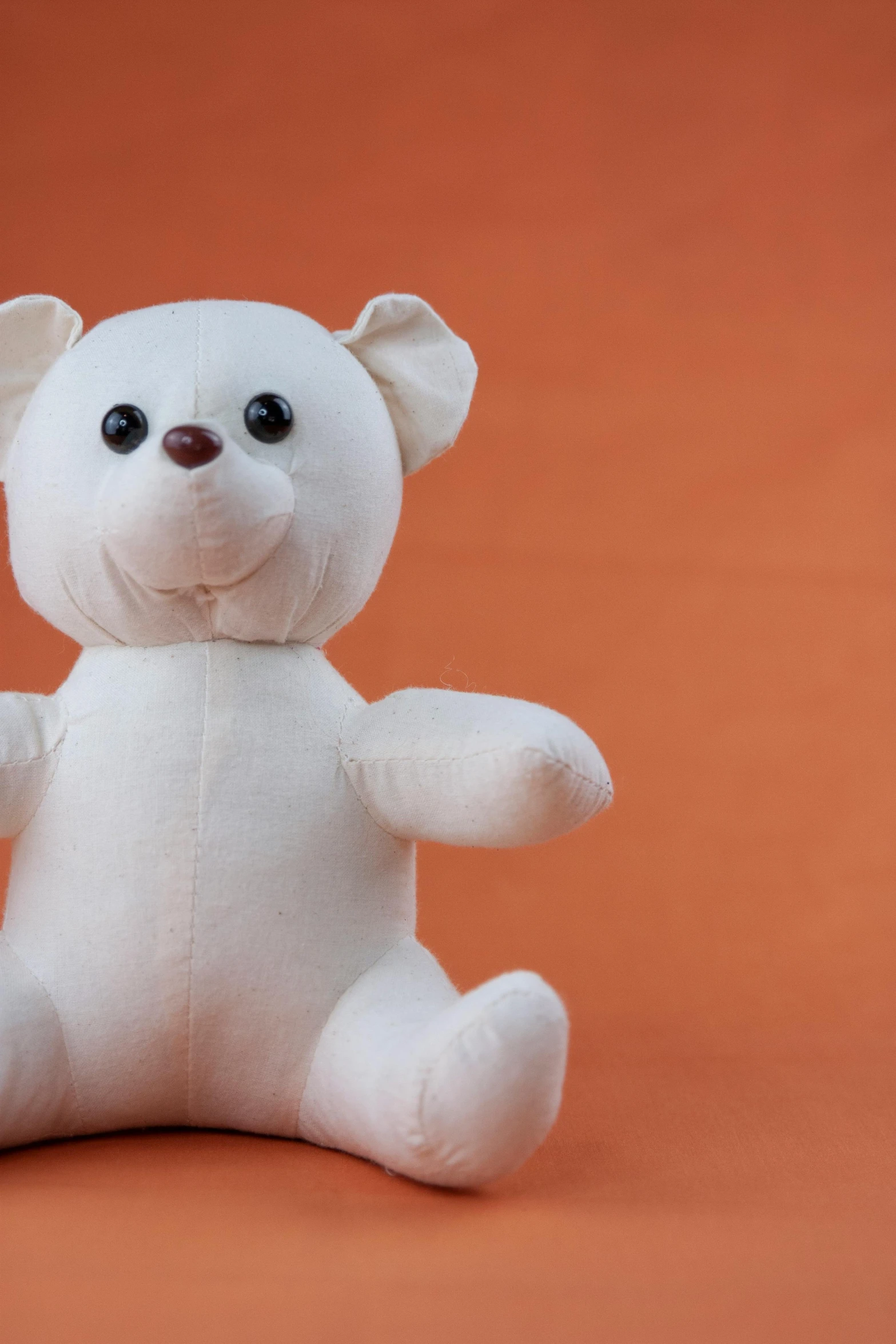 a white teddy bear sitting on an orange background, promo image, kids toy, on a pale background, alex kanevsky