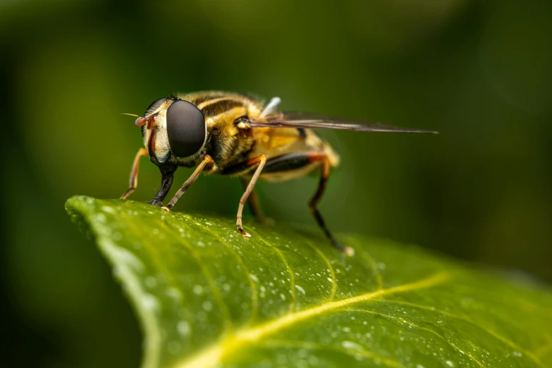 a close up of a fly on a leaf, by Matthias Stom, pexels contest winner, photorealism, liquid gold, on a landing pad, avatar image