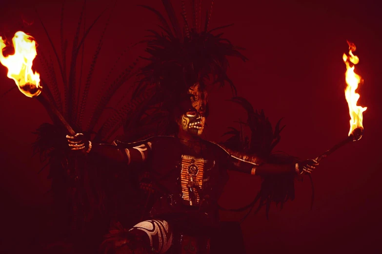 a man that is holding some kind of fire, an album cover, by Elsa Bleda, afrofuturism, aztec yaotl warrior, red monochrome, avatar image, showstudio