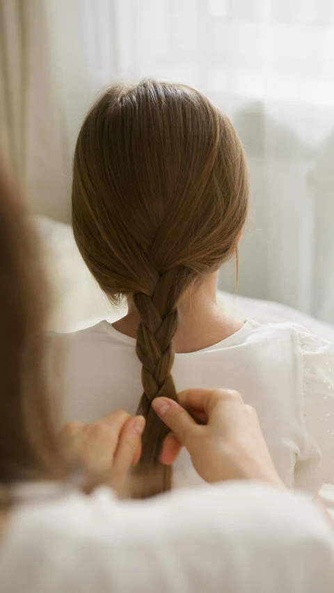 a woman is braiding a little girl's hair, shutterstock, close-up shot taken from behind, thumbnail, digital image, aoi ogata