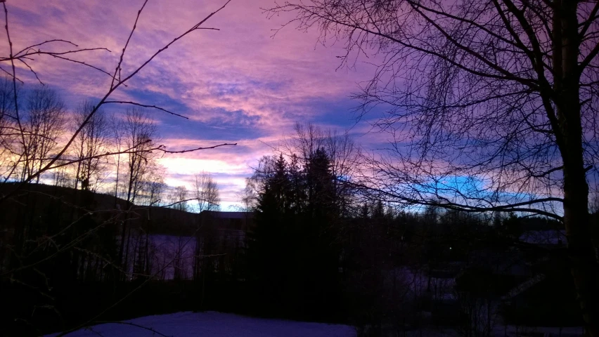 a purple and blue sky with trees in the foreground, a picture, outside winter landscape, ((sunset)), low quality photo, nina tryggvadottir