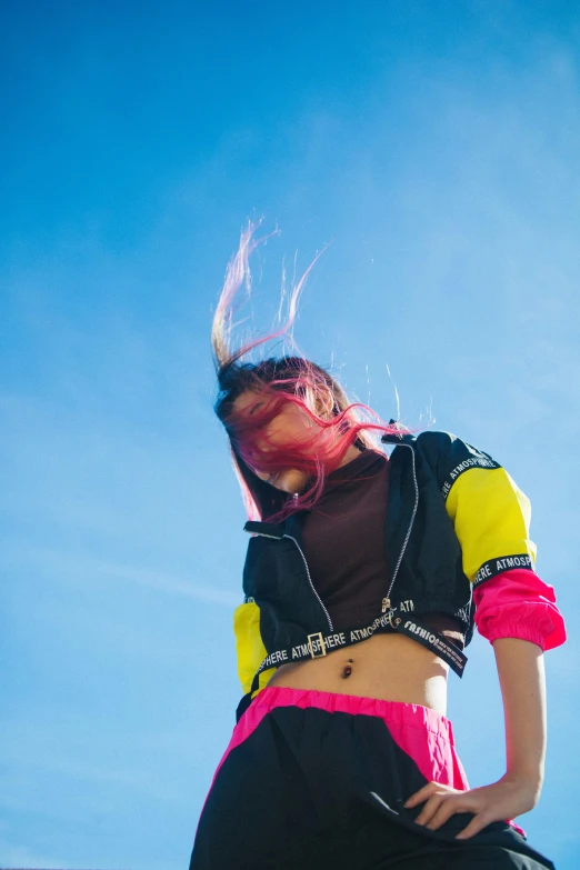 a woman that is standing on a skateboard, inspired by Ren Hang, trending on pexels, neon hair, sunny sky, cmyk portrait, punk outfit