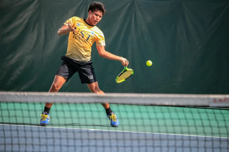 a man holding a tennis racquet on a tennis court, a picture, pexels contest winner, shin hanga, yellow and black color scheme, square, performing, evan lee