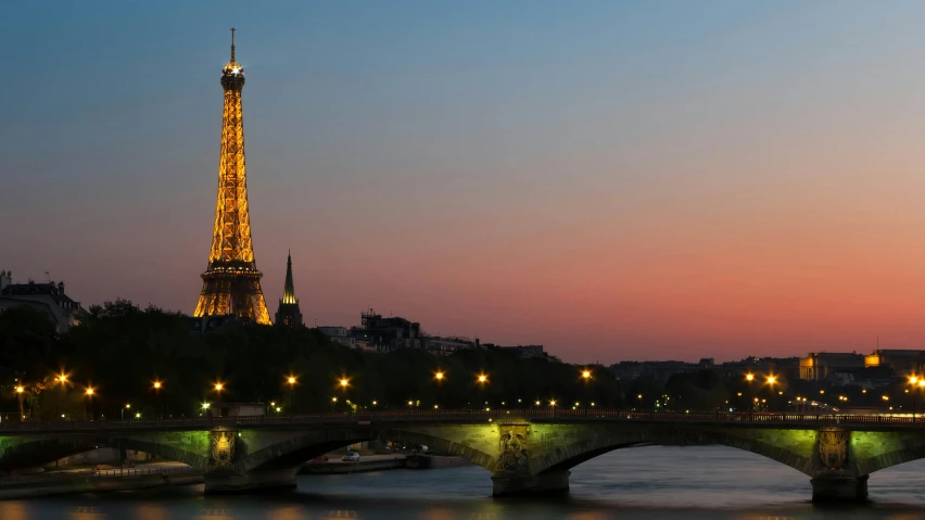 the eiffel tower is lit up at night, pexels contest winner, paris school, photo of green river, twilight skyline, brown, stacked image