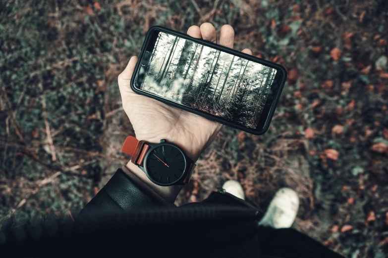 a person holding a smart phone in their hand, by Adam Marczyński, pexels contest winner, surrealism, watch photo, in front of a forest background, flatlay, red and black tones