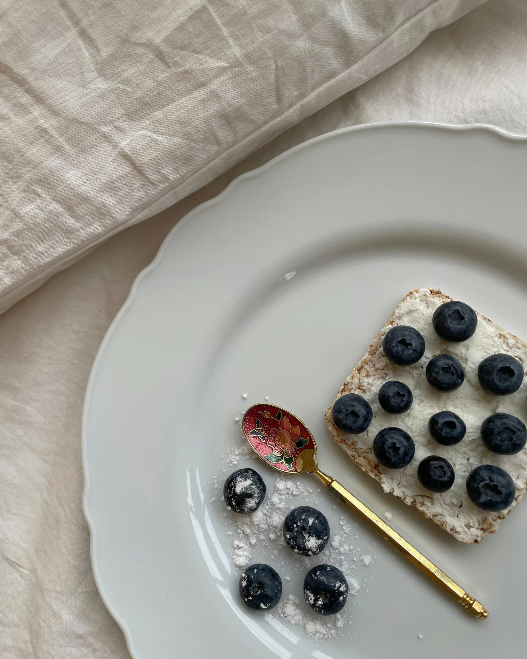 a white plate topped with a piece of bread covered in blueberries, a still life, unsplash, arabesque, gif, low quality photo, thumbnail, 🎀 🧟 🍓 🧚