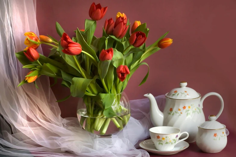 a vase filled with red tulips sitting on top of a table, a still life, inspired by Judy Takács, shutterstock contest winner, romanticism, teapots, maroon red, with a soft, russian