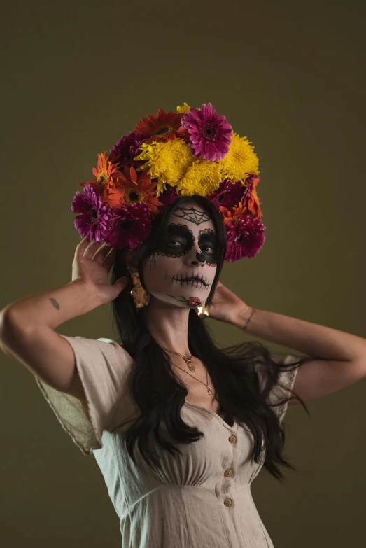 a woman with a flower crown on her head, inspired by Frida Kahlo, pexels contest winner, vanitas, frontal pose, mexican mustache, beautiful zombie, photo from a promo shoot