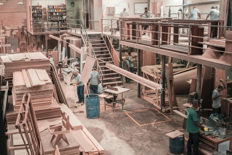 a group of people working in a factory, unsplash, arte povera, made of woods, multi - level, thumbnail, brown