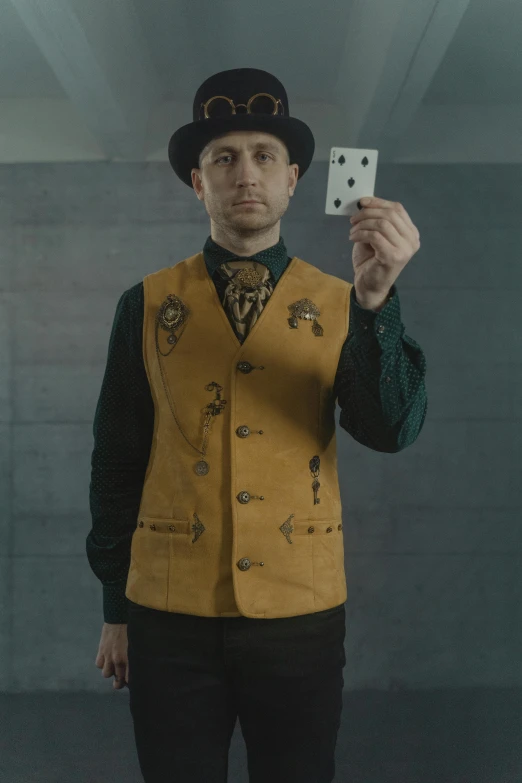 a man taking a picture of himself in a mirror, a portrait, inspired by Max Magnus Norman, cardistry, steampunk aesthetic, promo image, gambling