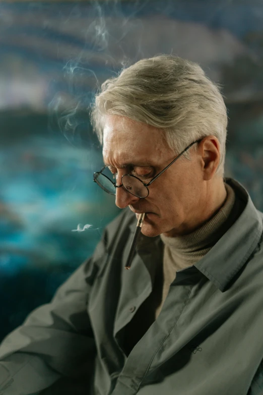 a man smoking a cigarette in front of a painting, a photorealistic painting, inspired by Peter Rockwell, hyperrealism, silver haired, promotional image, jacques - yves cousteau, animation still