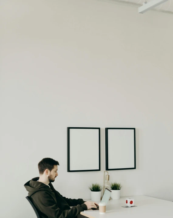 a man sitting at a table working on a laptop, a minimalist painting, by Carey Morris, trending on unsplash, postminimalism, standing in front of a mirror, picture frames, diptych, white room