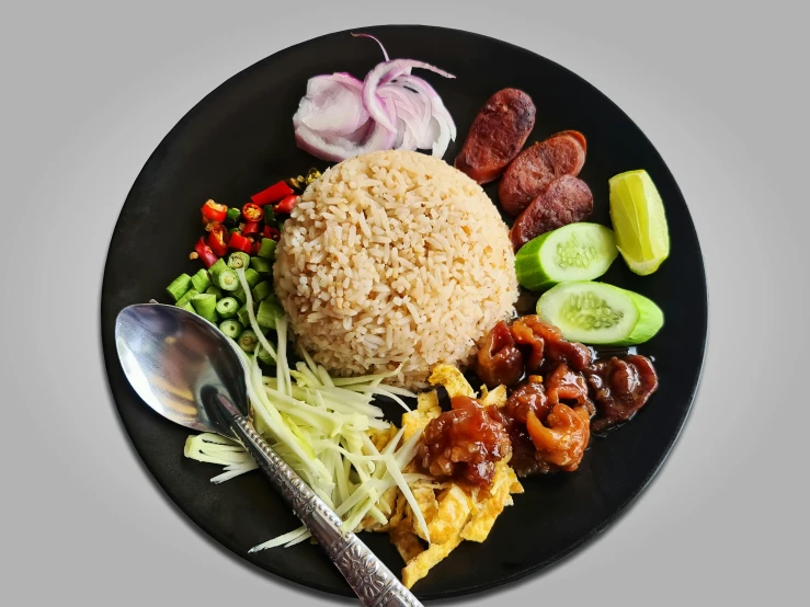 a black plate topped with rice, meat and vegetables, premium, square, thai, 8 k )