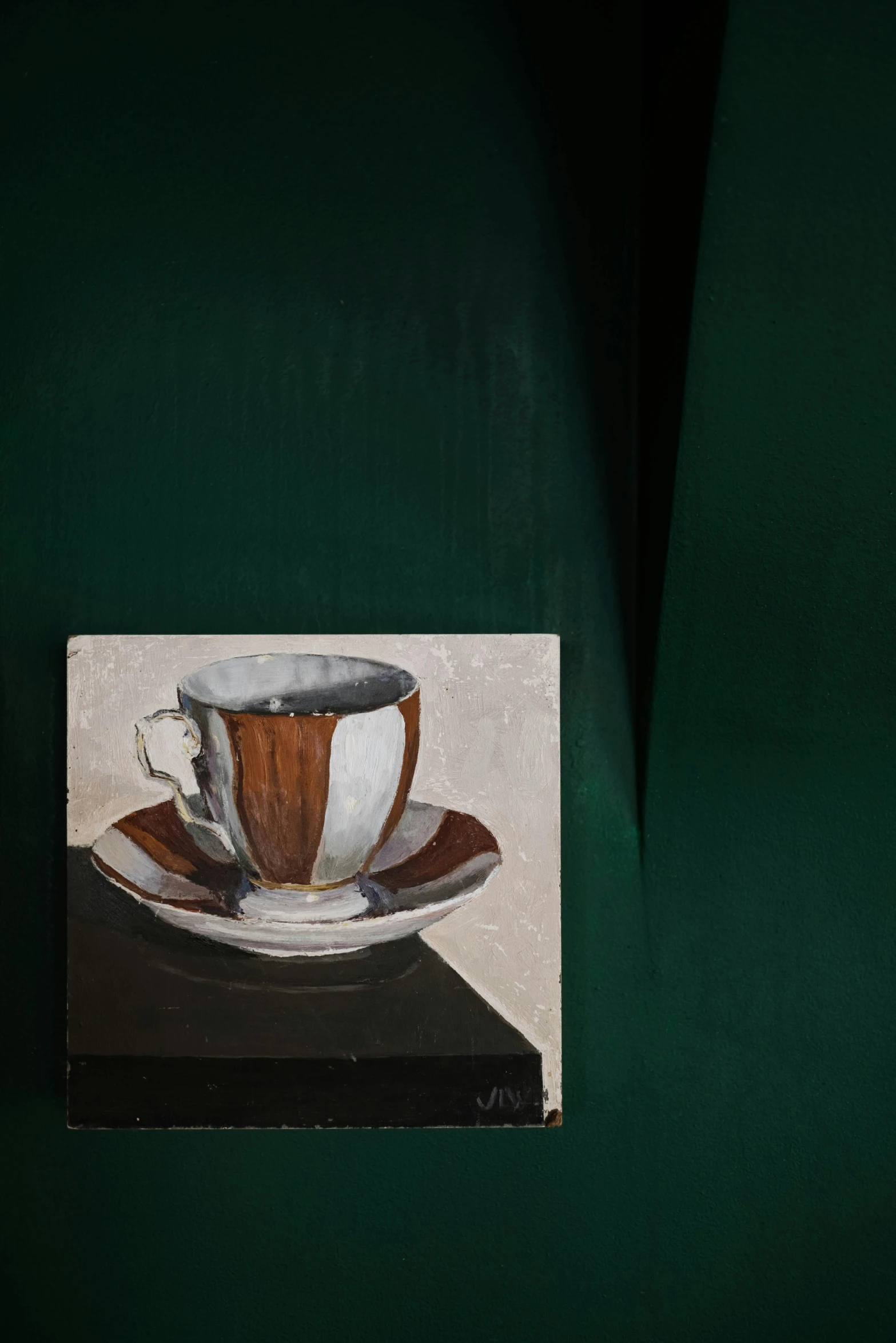 a painting of a cup and saucer on a table, inspired by Béni Ferenczy, unsplash, photorealism, oil on aged tin, portrait n - 9, cardboard, square