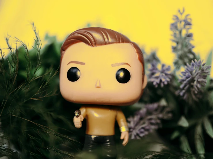 a close up of a figurine of a person, an album cover, pexels, captain kirk, funko pop, covered in plants, gif