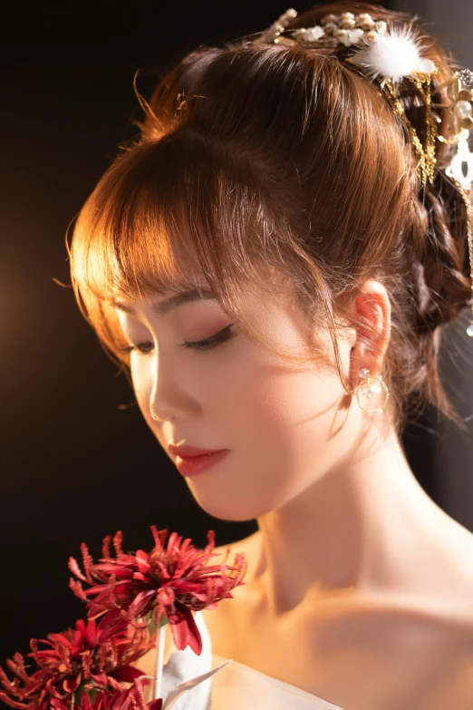 a woman in a white dress holding a red flower, an album cover, inspired by Jin Nong, neo-romanticism, jewelry lighting, headshot profile picture, lights on, shot with sony alpha 1 camera