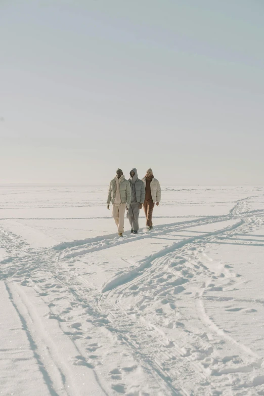 a group of people walking across a snow covered field, inspired by Einar Hakonarson, trending on unsplash, land art, nordic pastel colors, [ cinematic, hooded, (3 are winter