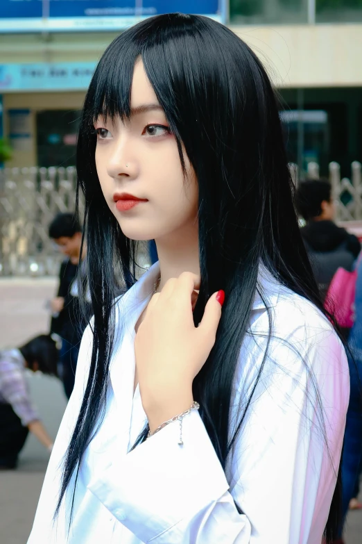 a woman with long black hair wearing a white shirt, by Jin Homura, unsplash, realism, harajuku hair, dressed with long fluent clothes, shin jeongho, innocent look. rich vivid colors