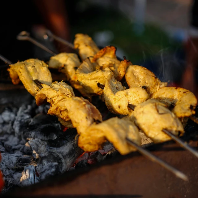 a close up of skewered food on a grill, by Niko Henrichon, pexels contest winner, hurufiyya, yellow charcoal, chicken, thumbnail, paisley