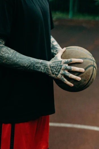 a man holding a basketball ball on a court, a tattoo, inspired by Seb McKinnon, trending on dribble, symbolism, photograph of a sleeve tattoo, gnarled fingers, 2019 trending photo, vessels