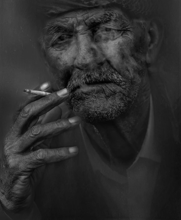 a black and white photo of a man smoking a cigarette, a character portrait, trending on cgsociety, portrait of an old, on his left hand, deteriorated, paul barson