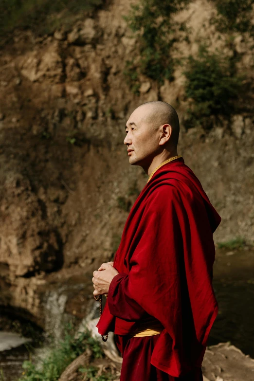 a man in a red robe standing in front of a waterfall, buddhist monk meditating, side portrait imagery, alessio albi and shin jeongho, profile shot