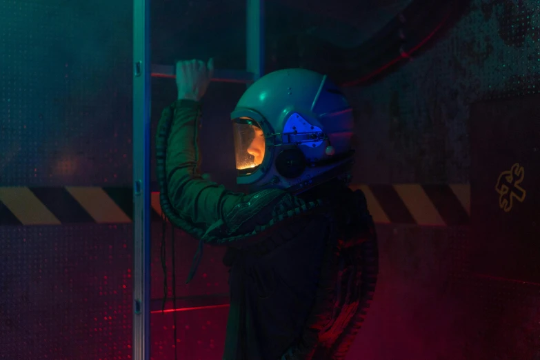 a person wearing a helmet and holding a pole, cyberpunk art, by Adam Marczyński, conceptual art, room of a spacecraft, high exposure photo, vecna from stranger things, wearing human air force jumpsuit