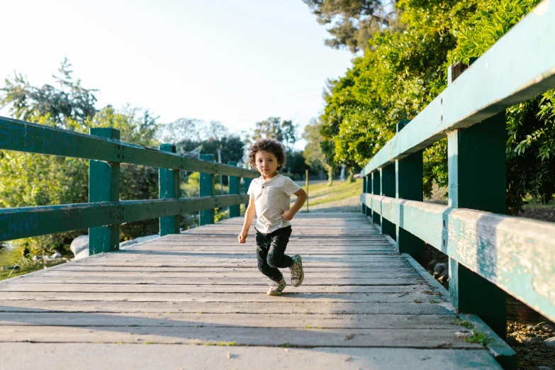 a young child running across a wooden bridge, pexels contest winner, happening, panels, programming, a green, walking through a suburb