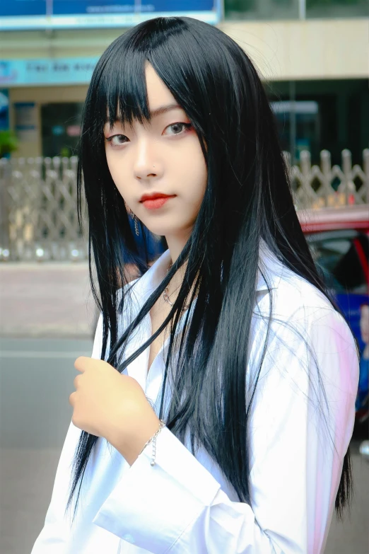 a woman with long black hair wearing a white shirt, by Sengai, unsplash, realism, harajuku hair, low quality photo, dressed with long fluent clothes, in style of lam manh