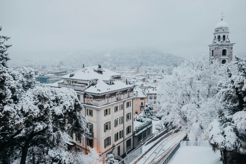 a view of a snowy city from the top of a hill, pexels contest winner, swiss architecture, monia merlo, 💋 💄 👠 👗, thumbnail