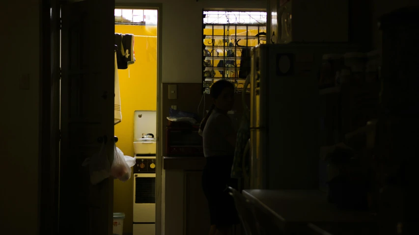 a woman standing in the doorway of a kitchen, inspired by Elsa Bleda, pexels contest winner, a still of kowloon, yellow light, in a small prison cell, from the distance