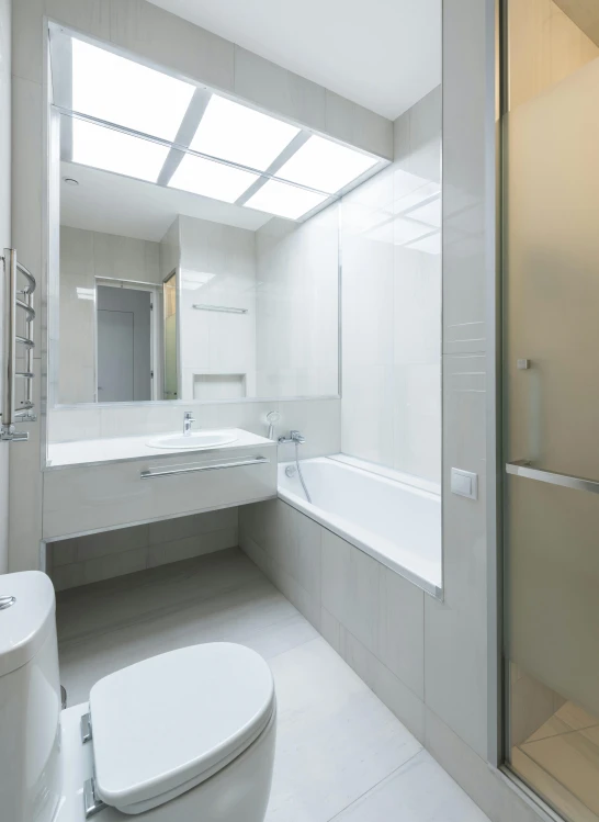 a bath room with a toilet a sink and a bath tub, light and space, profile image, white pearlescent, tokio, square