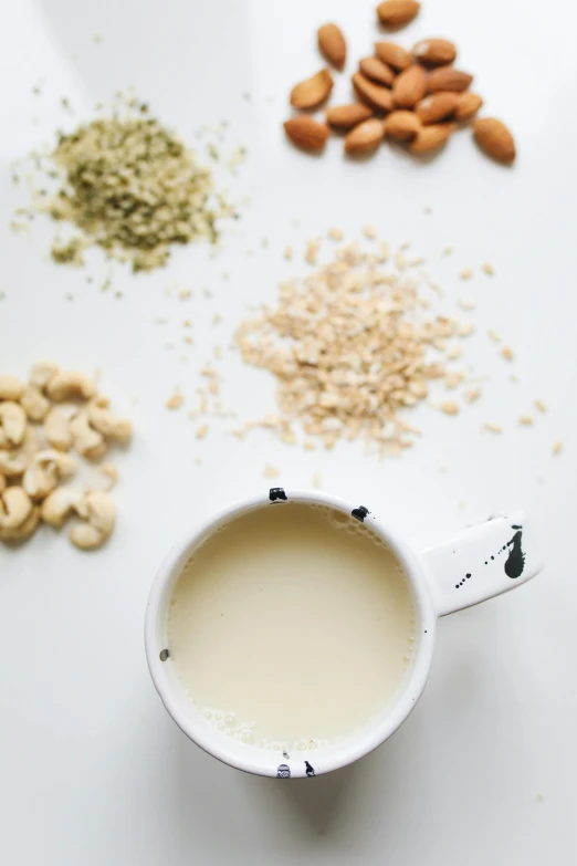 a cup of milk surrounded by nuts and seeds, product image