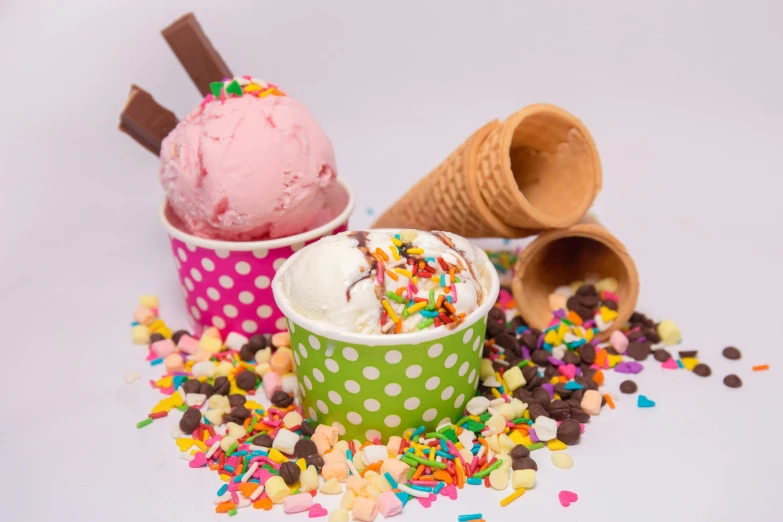 a couple of cups filled with ice cream and sprinkles, pexels, cone shaped, pink white and green, bowl filled with food, thumbnail