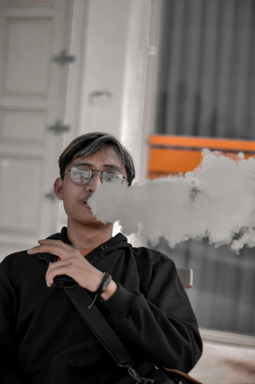 a man sitting on a bench smoking a cigarette, a cartoon, trending on pexels, made of cotton candy, jakarta, indoor picture, holding a small vape