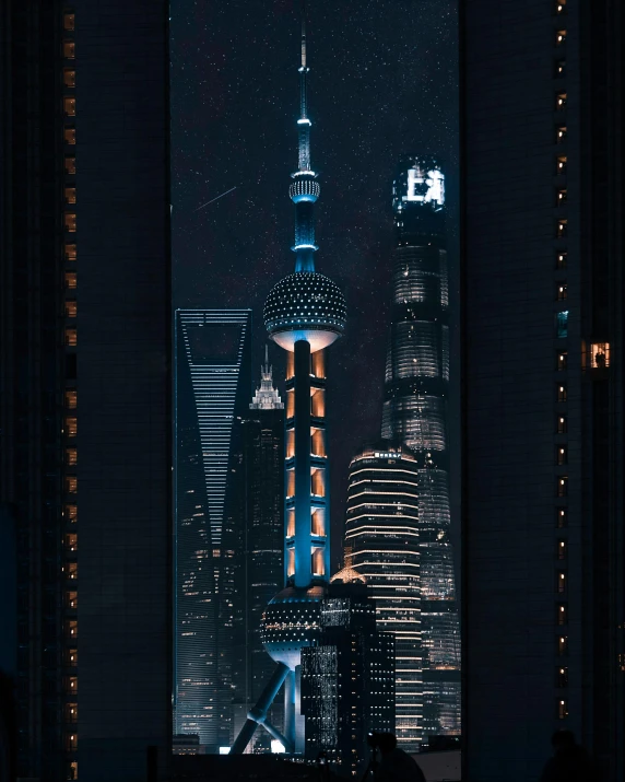 a view of a city at night from a window, by Zha Shibiao, pexels contest winner, pixel art, portrait of tall, minarets, chinese building, album cover