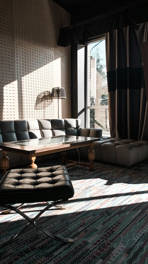 a living room filled with furniture and a large window, unsplash, modernism, upscale photo, thumbnail, gentleman's club lounge, sunny lighting