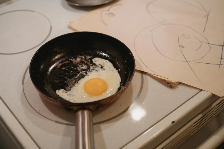 a frying pan sitting on top of a stove, an etching, pexels, process art, head is an egg, drawing on a parchment, ignant, listing image