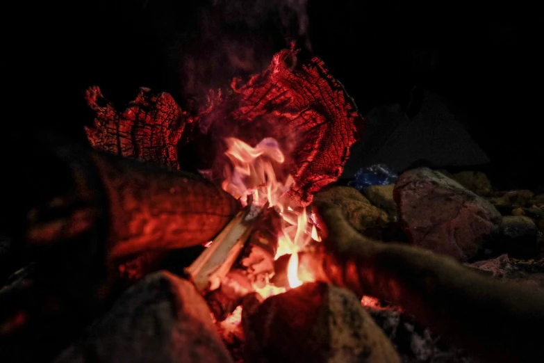 a close up of a fire in the dark, by Niko Henrichon, pexels contest winner, campsites, colored photo, relaxing, intense detail