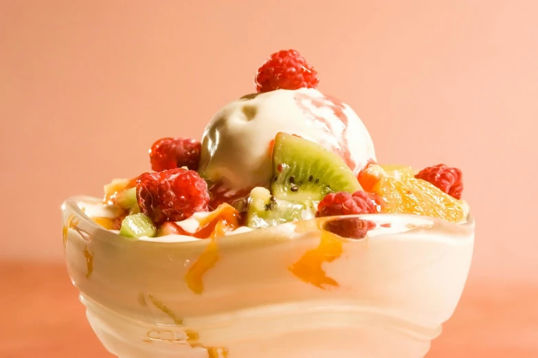 a close up of a bowl of fruit and ice cream, bowl filled with food, food, press shot, pink