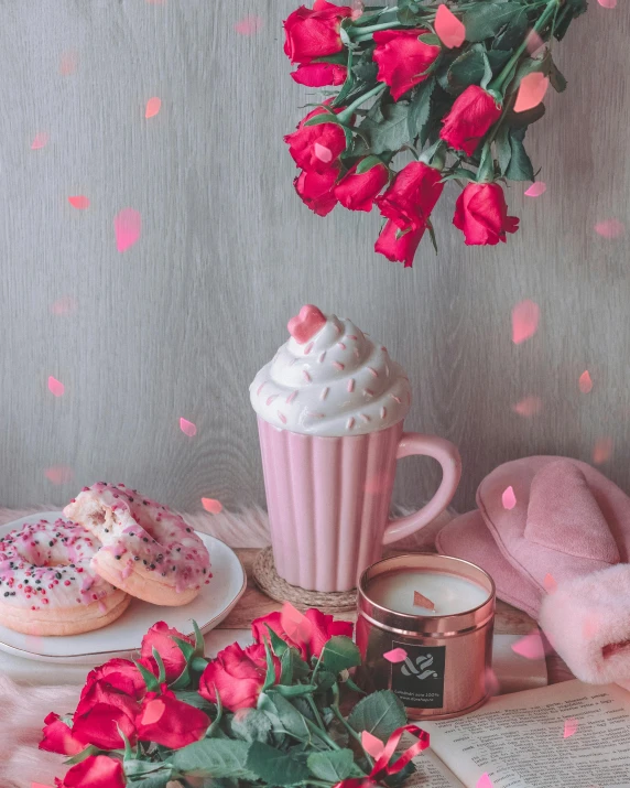 a bouquet of red roses sitting on top of a table next to a cup of coffee, pink frosted donut, milkshake, ((pink)), whipped cream