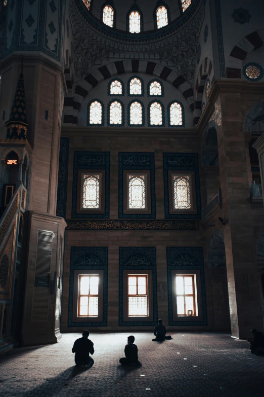 two people sitting on the floor of a large building, unsplash contest winner, hurufiyya, mosque interior, 2 5 6 x 2 5 6, window, dark majestic ornate great hall