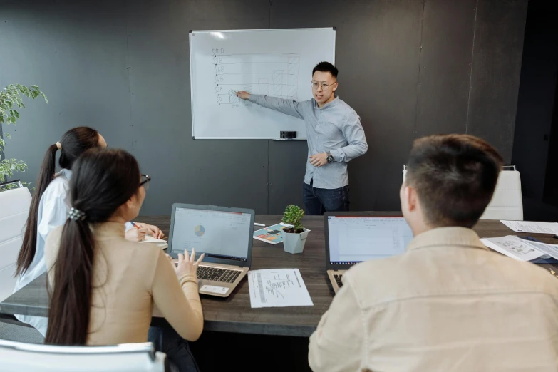 a group of people sitting around a wooden table, whiteboard, darren quach, avatar image, teaching