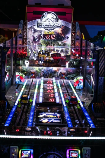 a close up of a pinball machine in a room, midnight zone, massive vertical grand prix race, jurassic, profile image