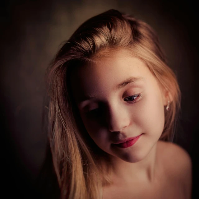 a close up of a young girl with long blonde hair, pexels contest winner, low - key studio lighting, ((portrait)), portrait of small, classical portrait