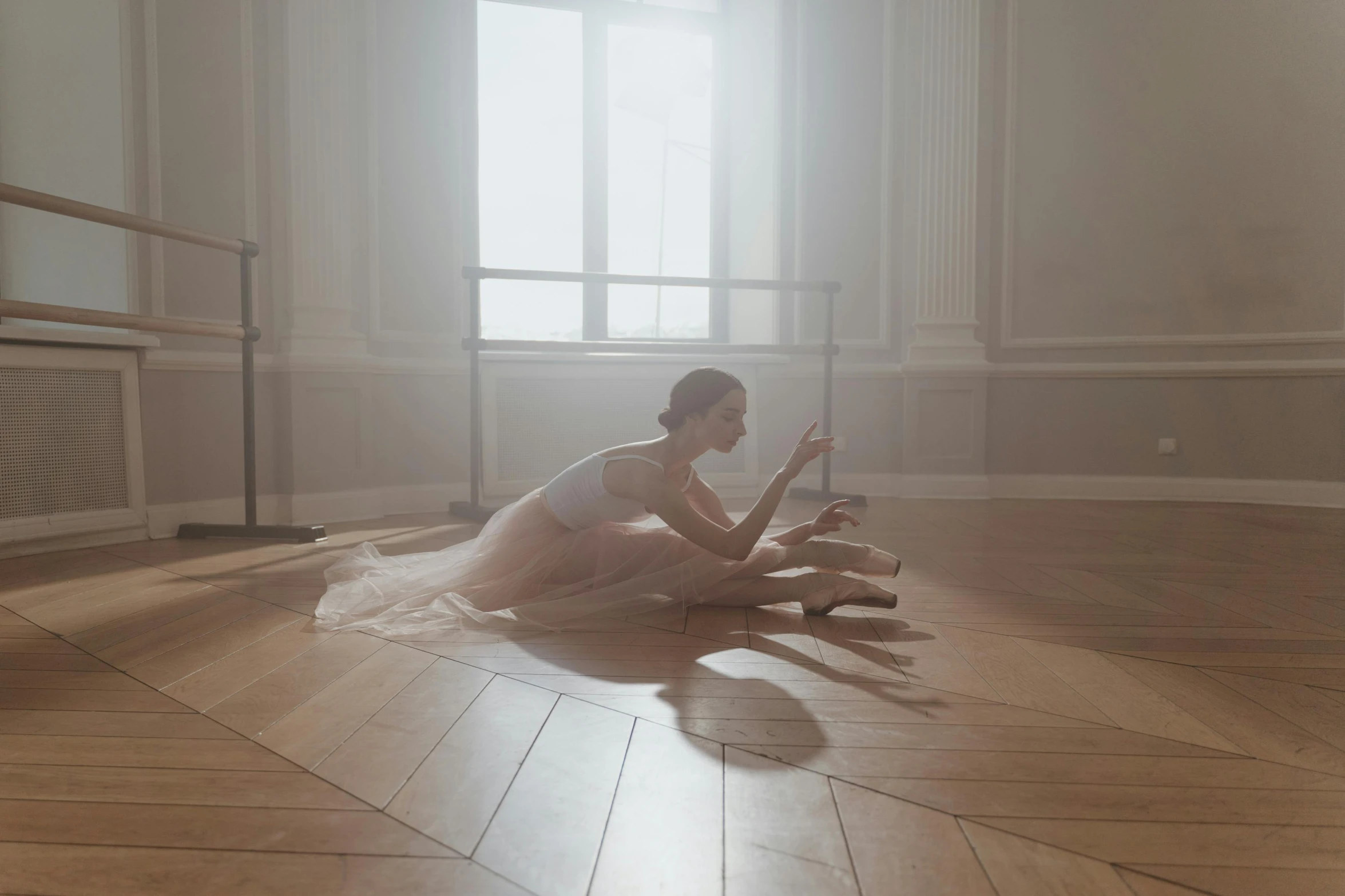 a woman in a tutu sitting on the floor, by Emma Andijewska, unsplash contest winner, arabesque, inside a grand studio, summer morning, animation, ad image