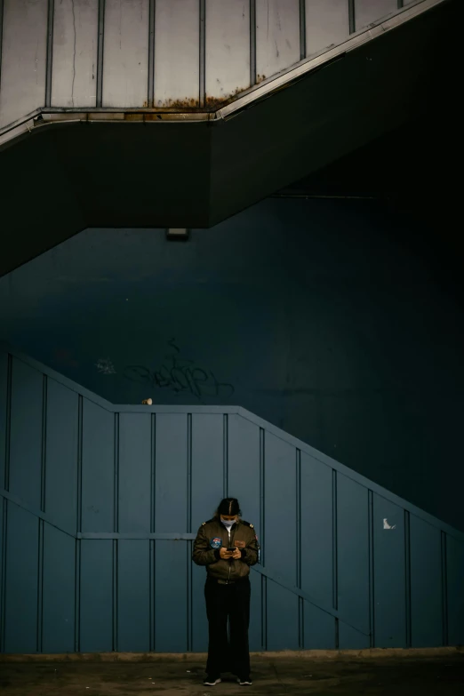 a person standing in a dark room holding a cell phone, a photo, unsplash contest winner, modernism, coming down the stairs, blue walls, reading, cinematic blue and gold