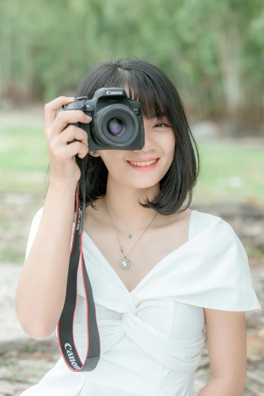 a woman taking a picture with a camera, short smile, body and headshot, anime thai girl, high-quality dslr photo”