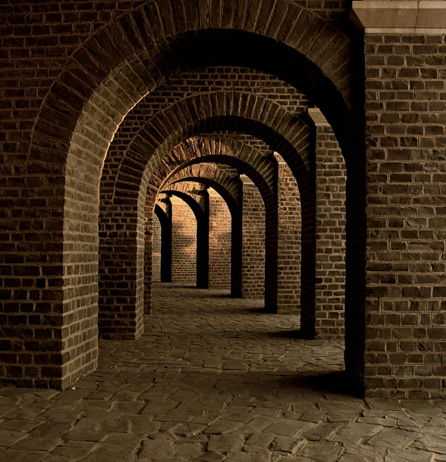 a row of arches in an old brick building, a digital rendering, by Jan Tengnagel, pexels contest winner, dark tone, pathway, serpentine maze, brown