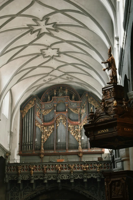 a large pipe organ sitting inside of a church, an album cover, pexels contest winner, baroque, denmark, chest, grey, brown